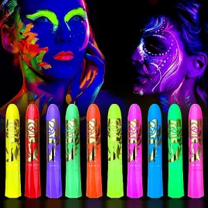 10 Color Glow in The Dark Face Paint,UV and Black Light Neon Face and Body Painting Set Mardi Gras Halloween Masquerade Black Light Birthday Party