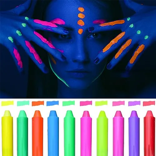 10 Color Glow in The Dark Face Paint,UV and Black Light Neon Face and Body Painting Set Mardi Gras Halloween Masquerade Black Light Birthday Party