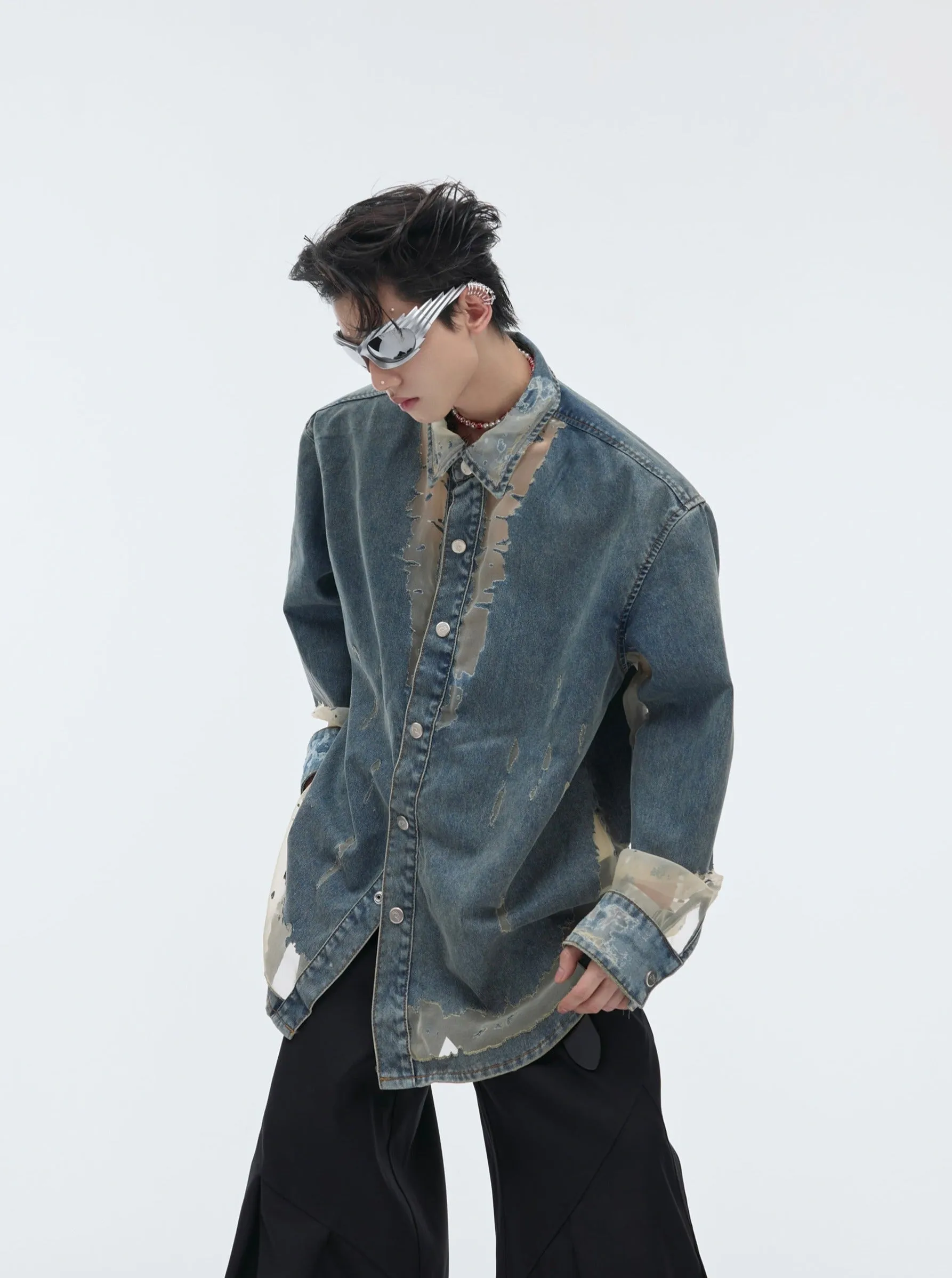 【24s April.】Mesh Hollow Design Denim Shirt