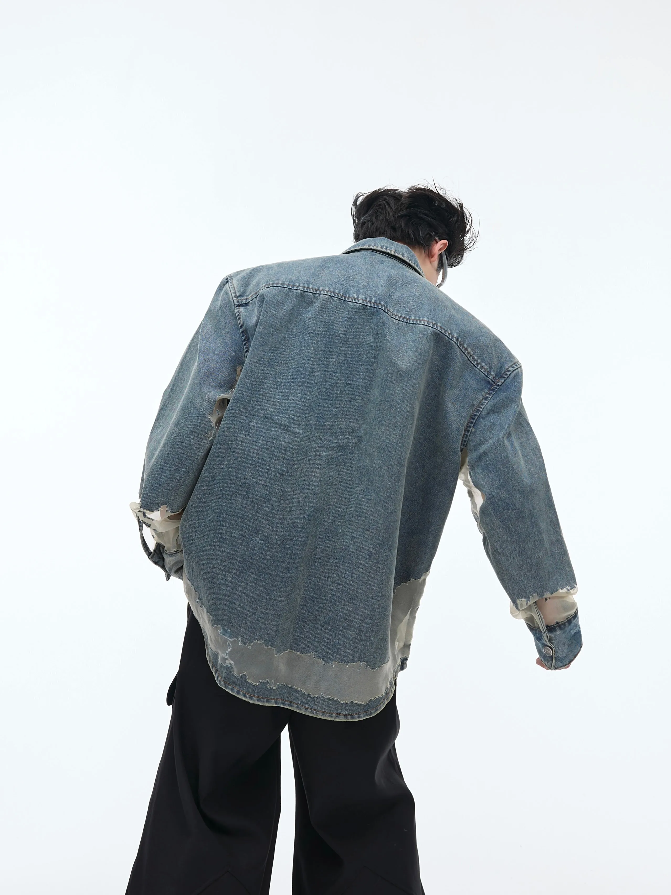 【24s April.】Mesh Hollow Design Denim Shirt