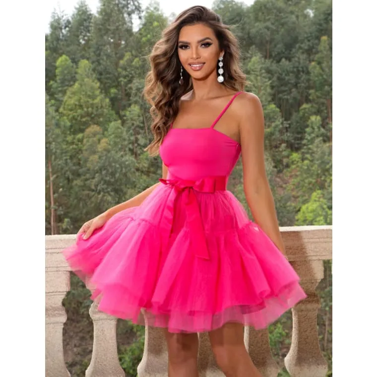 A-Line Mesh Bow Tie Belt Cami Princess Dress