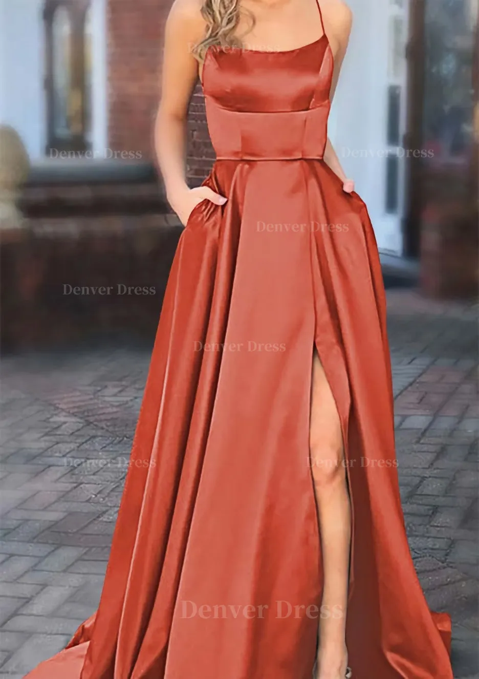 A-line Square Neckline Spaghetti Straps Sweep Train Charmeuse Prom Dress With Pockets Split