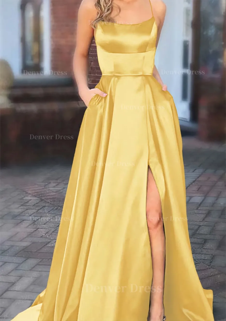 A-line Square Neckline Spaghetti Straps Sweep Train Charmeuse Prom Dress With Pockets Split