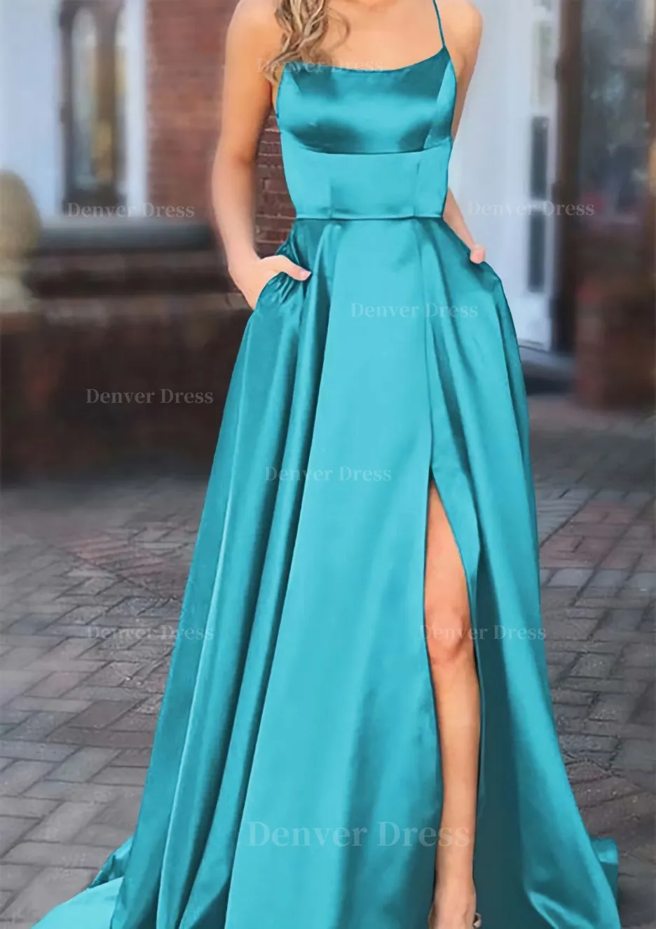 A-line Square Neckline Spaghetti Straps Sweep Train Charmeuse Prom Dress With Pockets Split