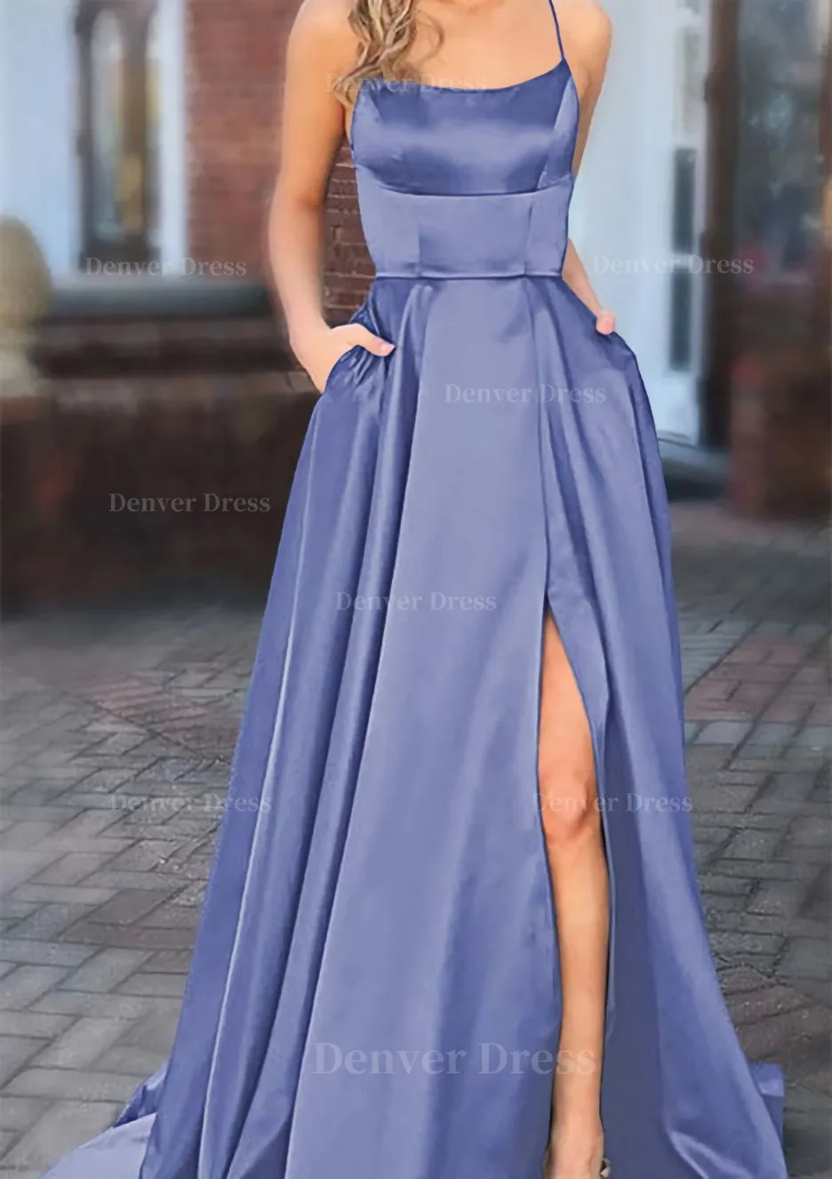 A-line Square Neckline Spaghetti Straps Sweep Train Charmeuse Prom Dress With Pockets Split