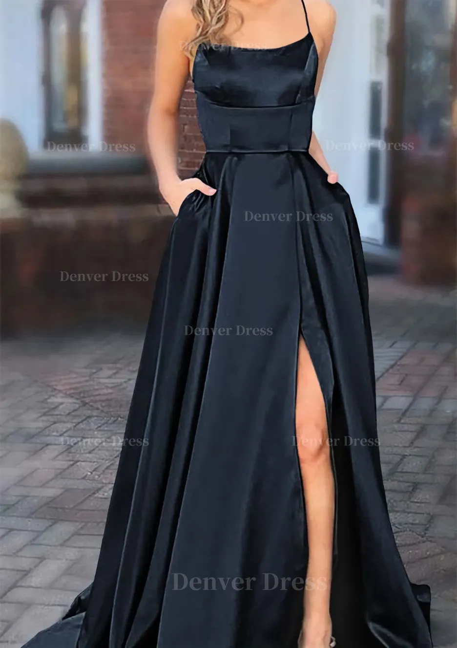 A-line Square Neckline Spaghetti Straps Sweep Train Charmeuse Prom Dress With Pockets Split