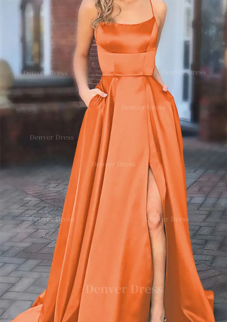 A-line Square Neckline Spaghetti Straps Sweep Train Charmeuse Prom Dress With Pockets Split