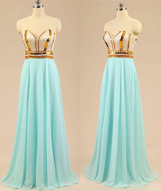 A Line Sweetheart Neck Chiffon Long Light Green Prom Dresses, Light Green Evening Dresses With Golden Lines