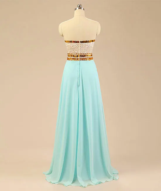 A Line Sweetheart Neck Chiffon Long Light Green Prom Dresses, Light Green Evening Dresses With Golden Lines