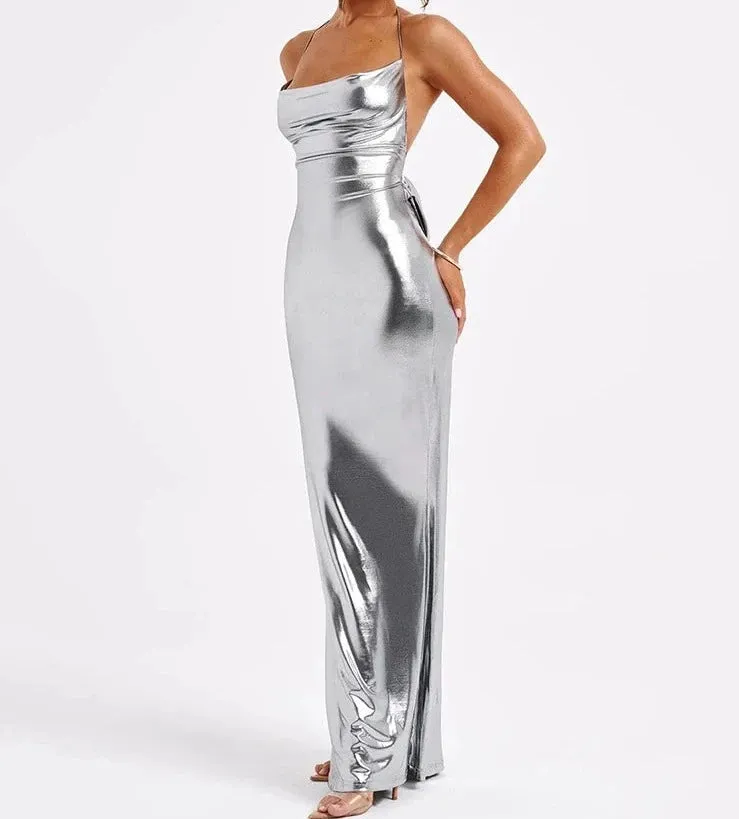 A&A Metallic Backless Cowl Neck Maxi Dress