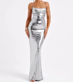 A&A Metallic Backless Cowl Neck Maxi Dress