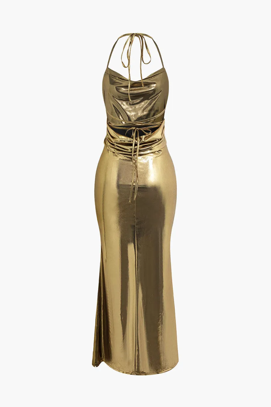 A&A Metallic Backless Cowl Neck Maxi Dress