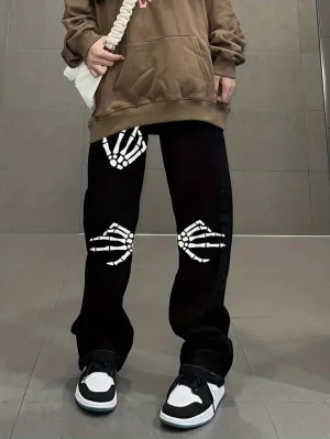 Aesthetic Hip Hop Wide Leg Casual Korean Oversize Hand Skeleton Black Jeans