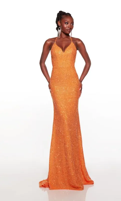 Alyce Paris 61396 Sequin Dress with Open Criss Cross Back - Cantaloupe Orange or Blossom Pink