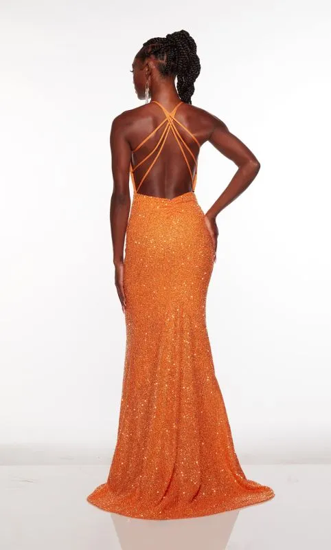 Alyce Paris 61396 Sequin Dress with Open Criss Cross Back - Cantaloupe Orange or Blossom Pink