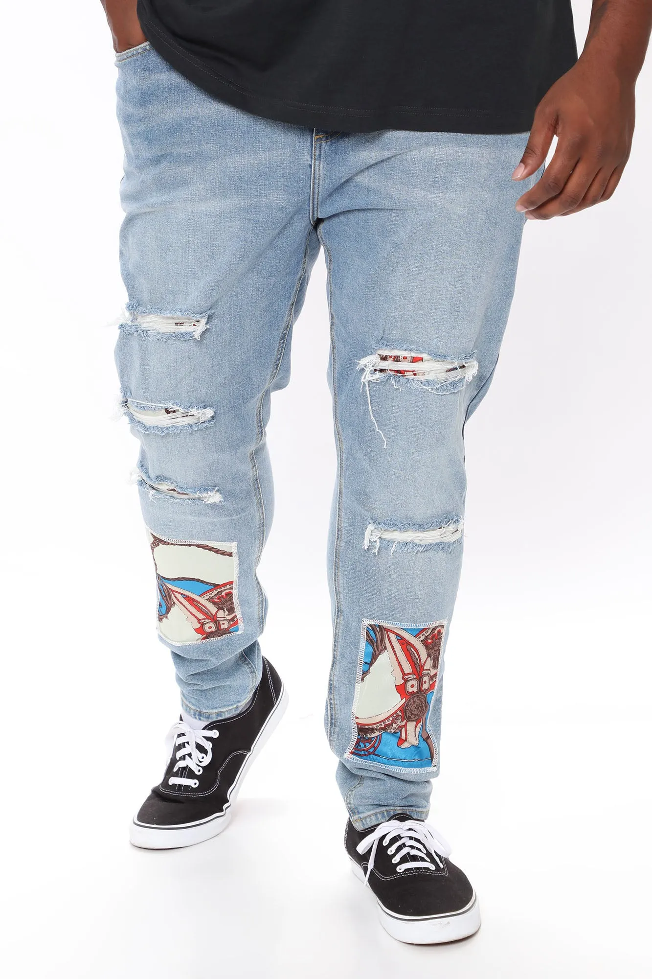 Baroque Patched Ripped Skinny Jeans - Medium Wash