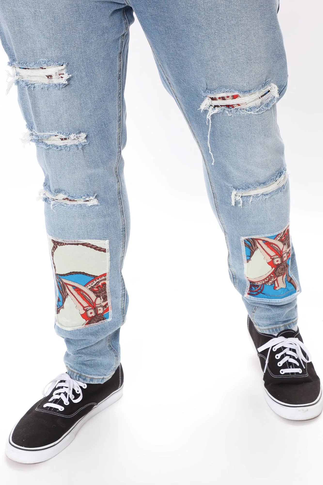 Baroque Patched Ripped Skinny Jeans - Medium Wash