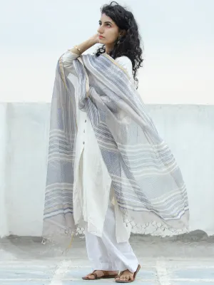 Beige Blue White Kota Silk Hand Block Printed  Dupatta - D04170297