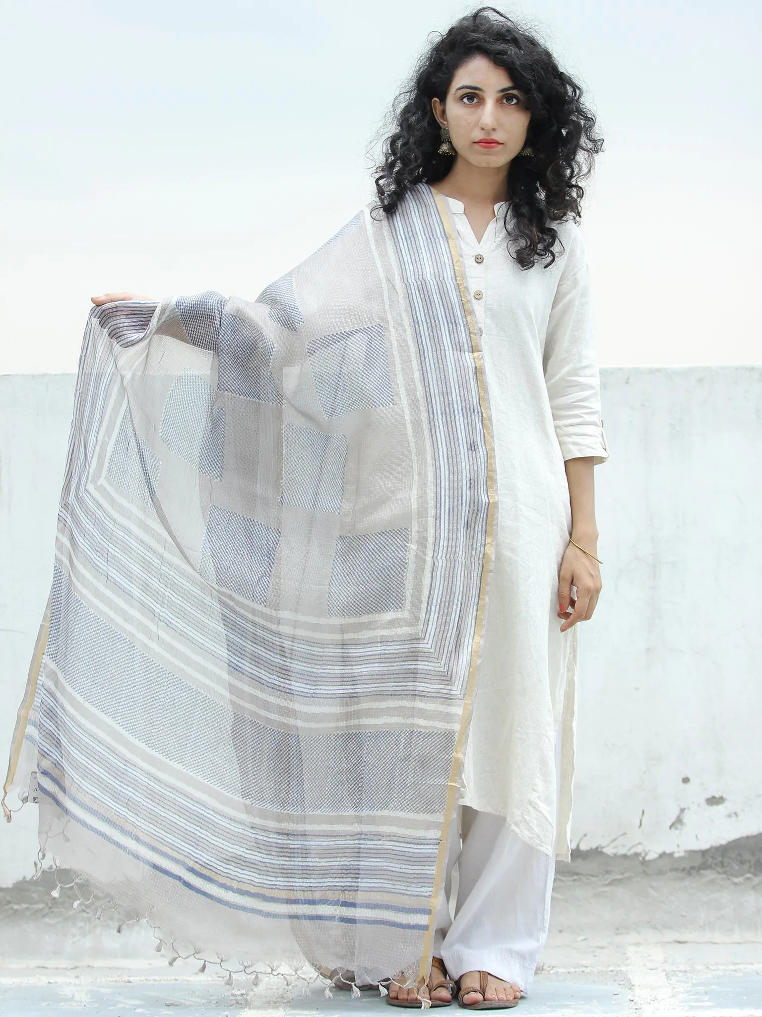 Beige Blue White Kota Silk Hand Block Printed  Dupatta - D04170297