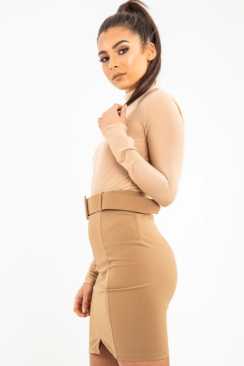 Beige Turtle Neck All Over Mesh Bodysuit - Makeila