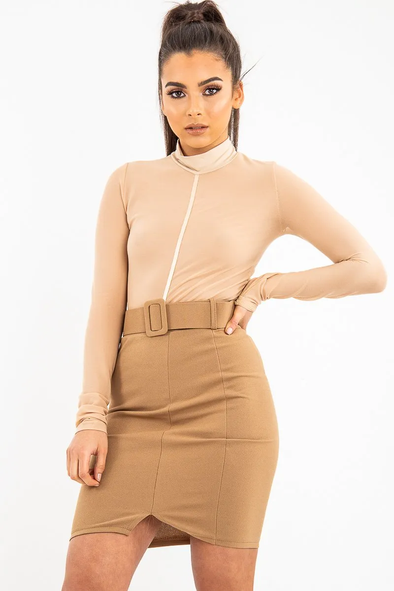 Beige Turtle Neck All Over Mesh Bodysuit - Makeila