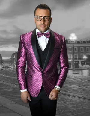 Bellagio Diamond Grid  3pc  Italian Suit Set - Fuschia