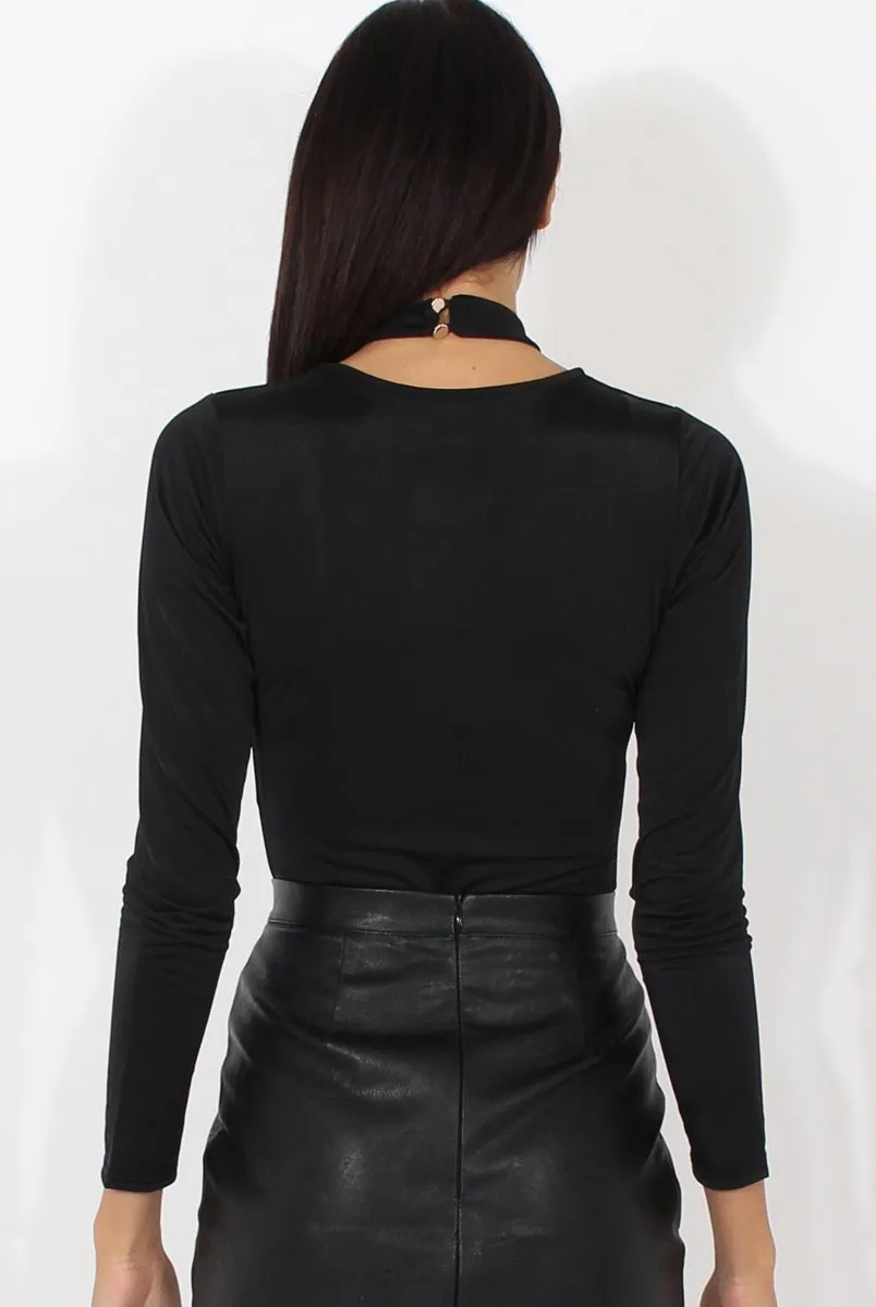 Black Harness Choker Long Sleeve Bodysuit - Sandra