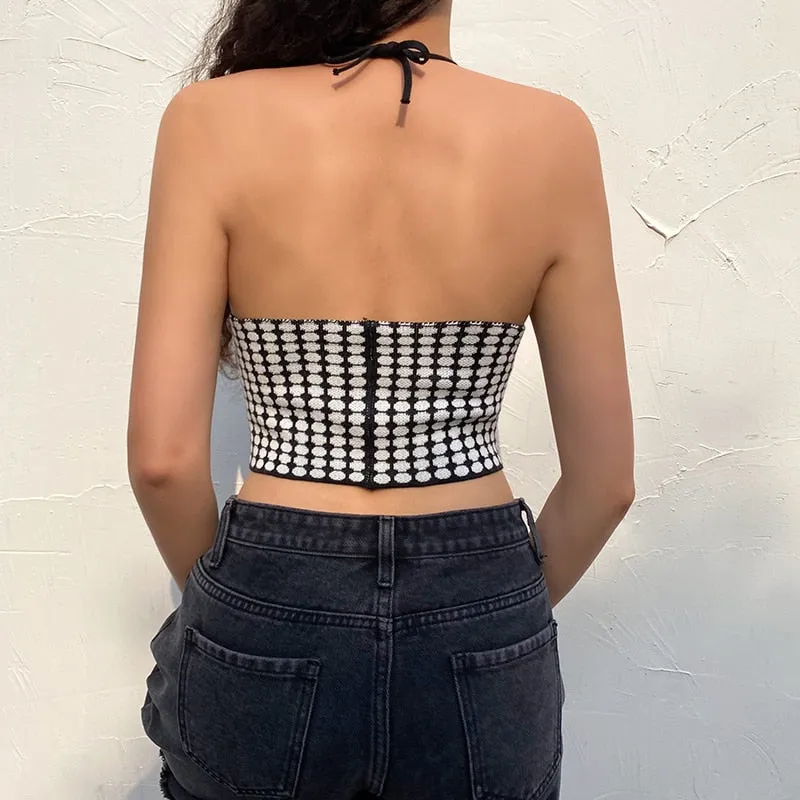 Black Vintage Plaid Design Backless Halter Crop Tank Top