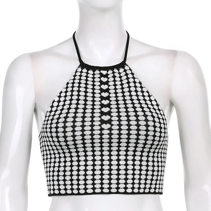 Black Vintage Plaid Design Backless Halter Crop Tank Top