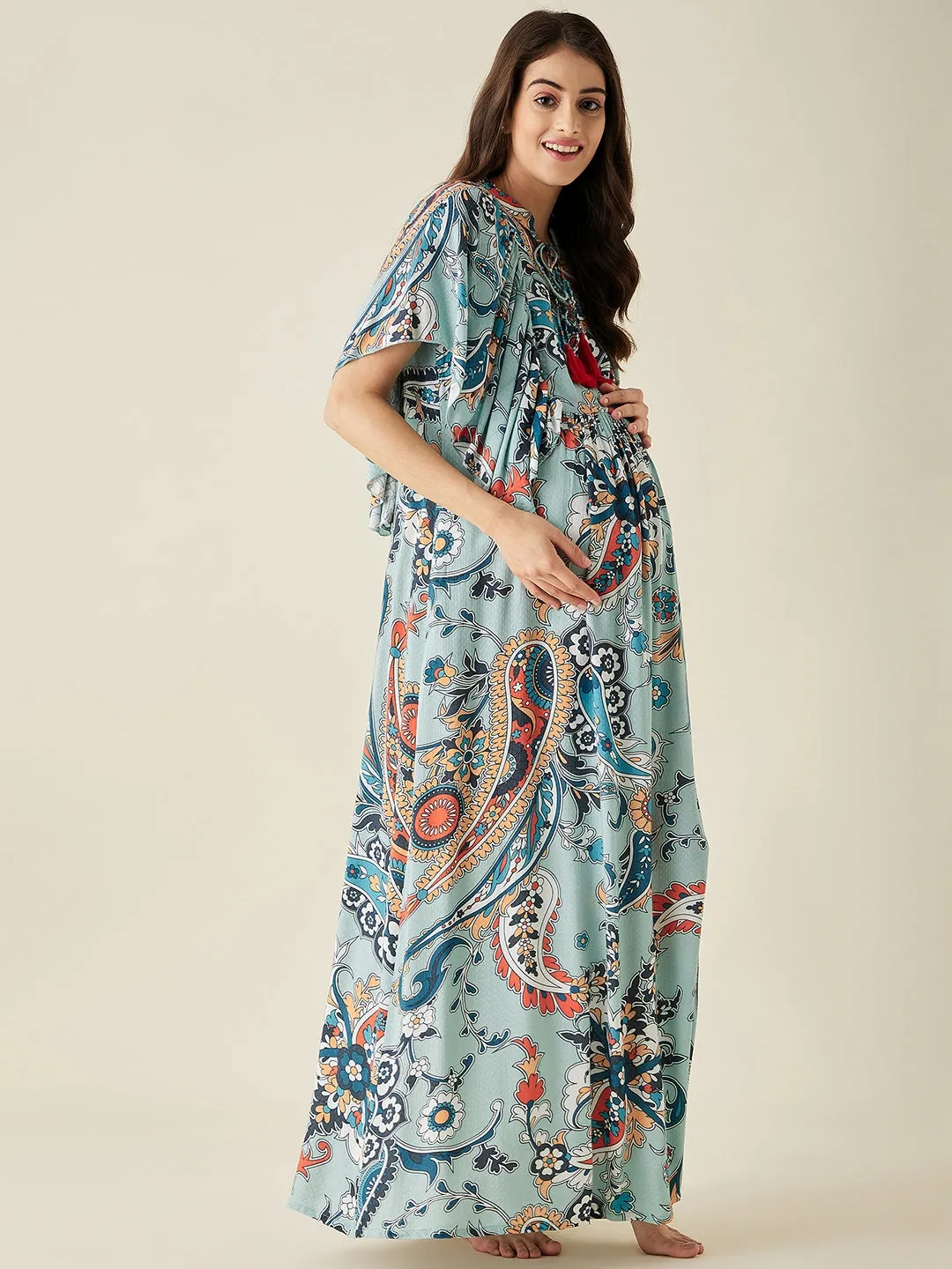 Blue Paisley Printed Maternity Lounge Dress - The Kaftan Company