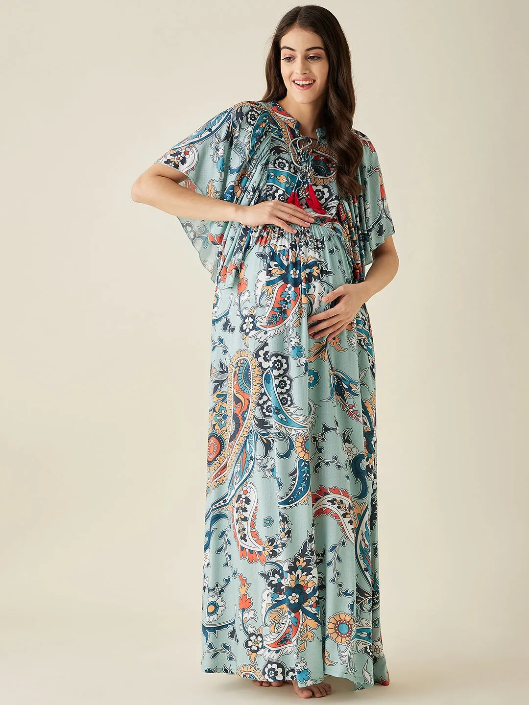 Blue Paisley Printed Maternity Lounge Dress - The Kaftan Company