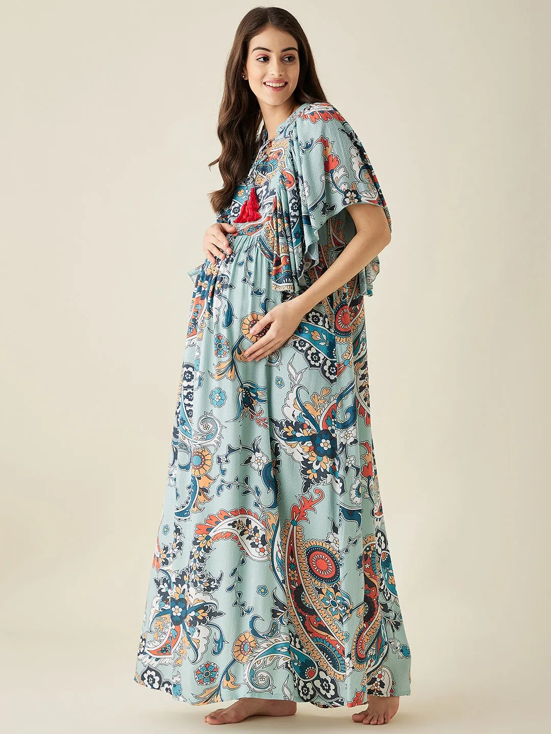 Blue Paisley Printed Maternity Lounge Dress - The Kaftan Company