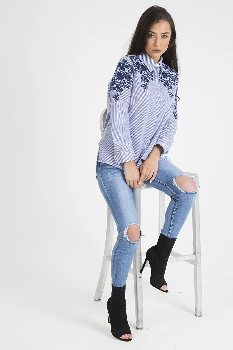 Blue Striped Floral Embroidered Shirt - Mallory