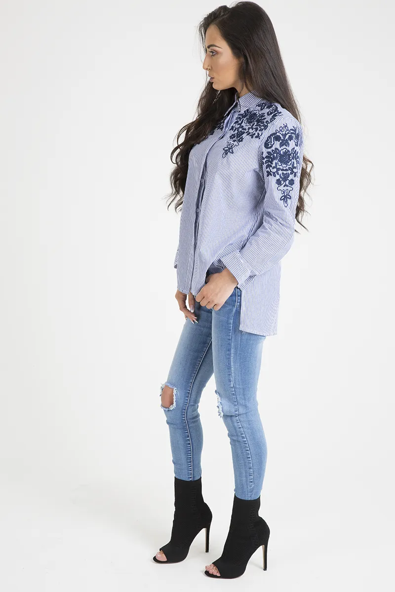 Blue Striped Floral Embroidered Shirt - Mallory