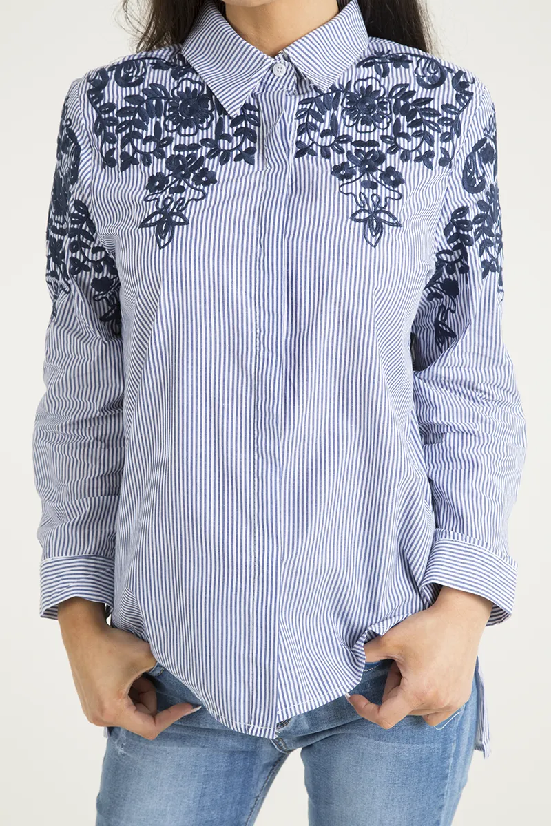 Blue Striped Floral Embroidered Shirt - Mallory