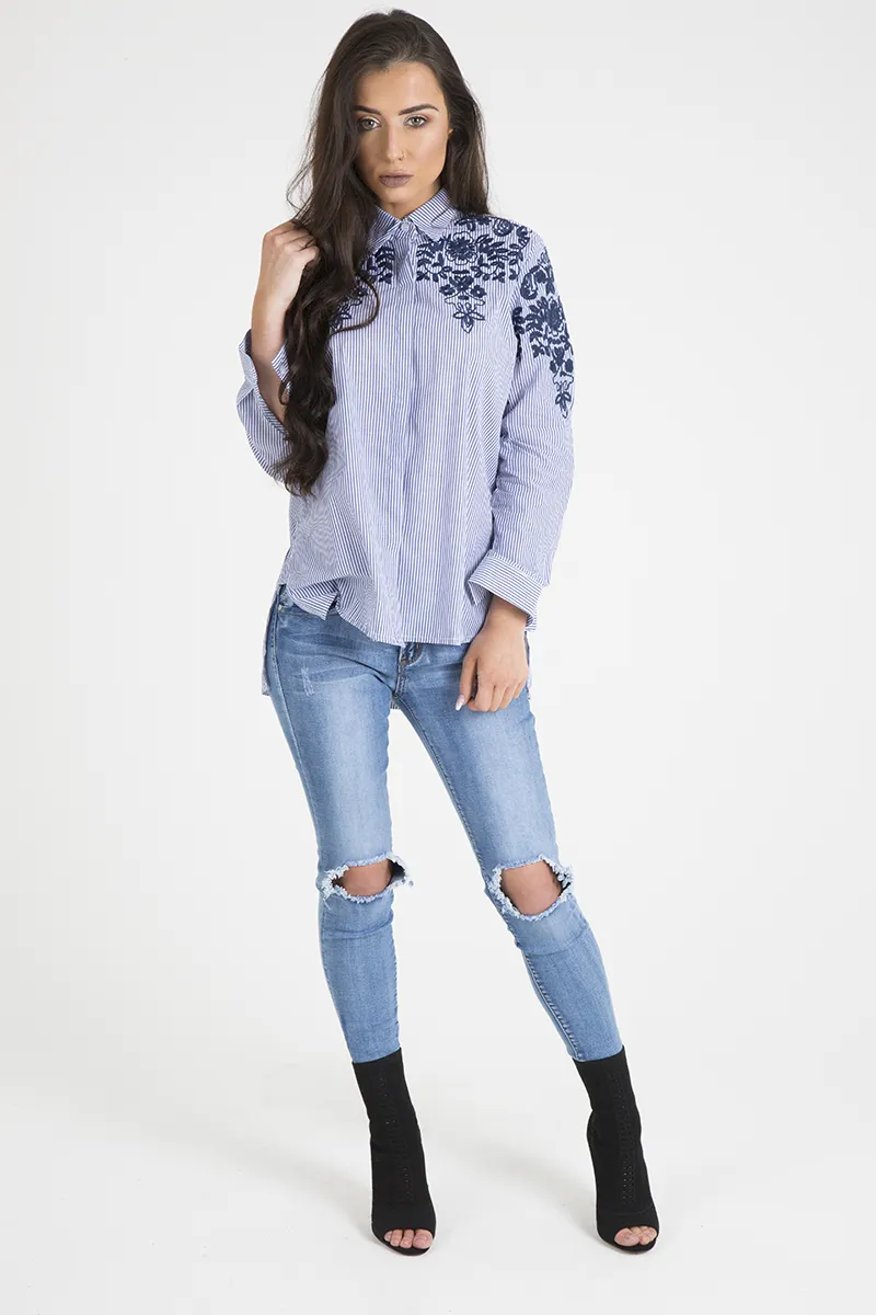 Blue Striped Floral Embroidered Shirt - Mallory