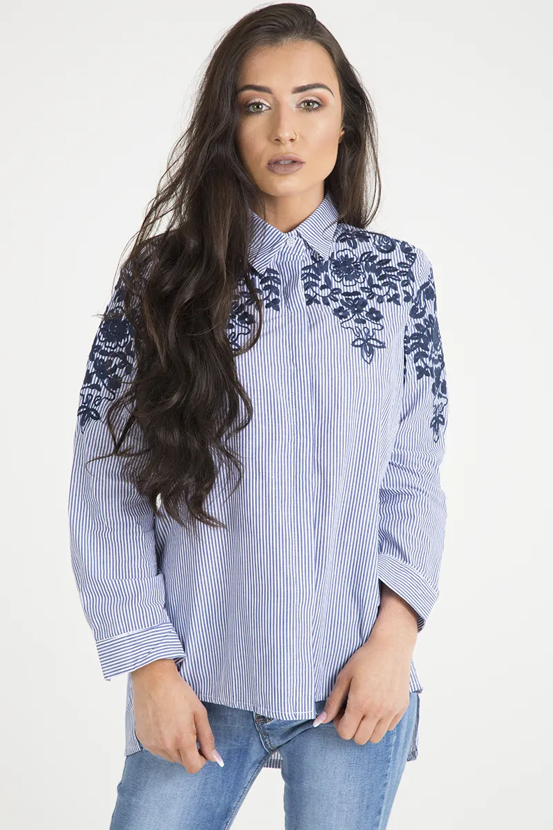 Blue Striped Floral Embroidered Shirt - Mallory