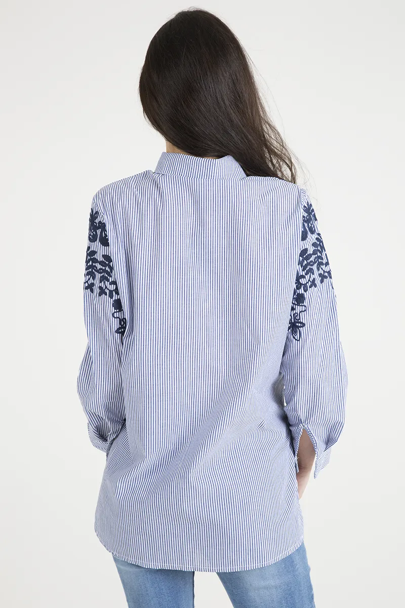 Blue Striped Floral Embroidered Shirt - Mallory