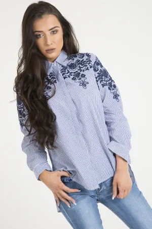 Blue Striped Floral Embroidered Shirt - Mallory