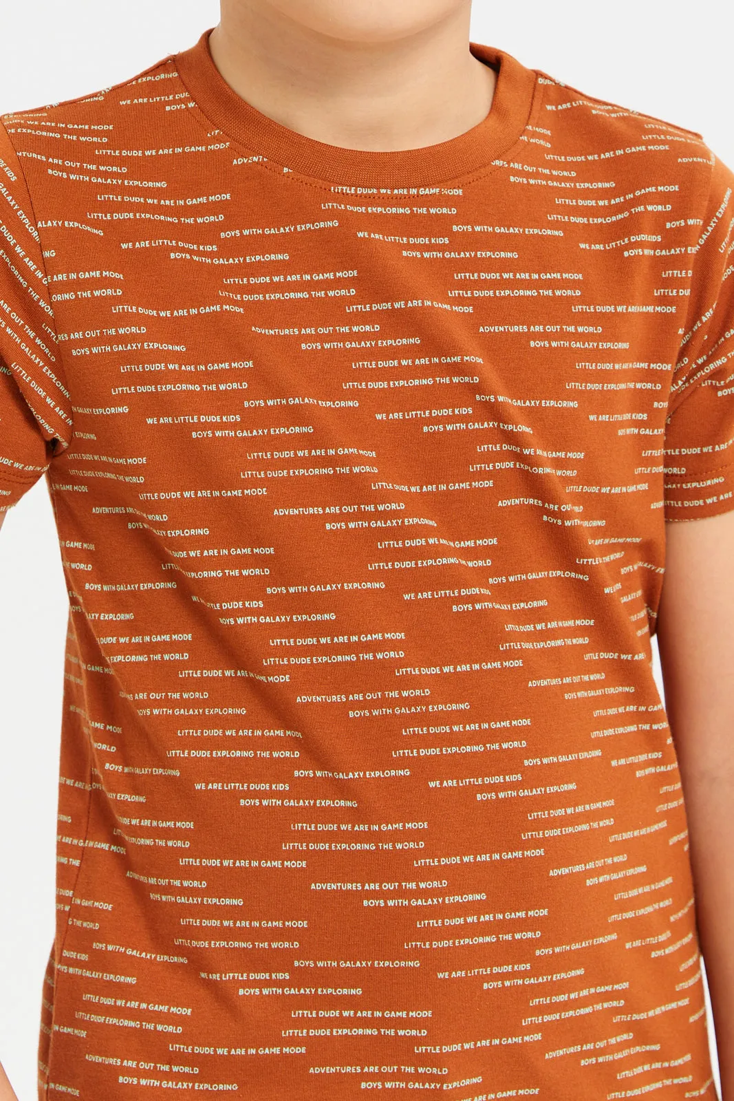 Boys Orange Round Neck Printed T-Shirt