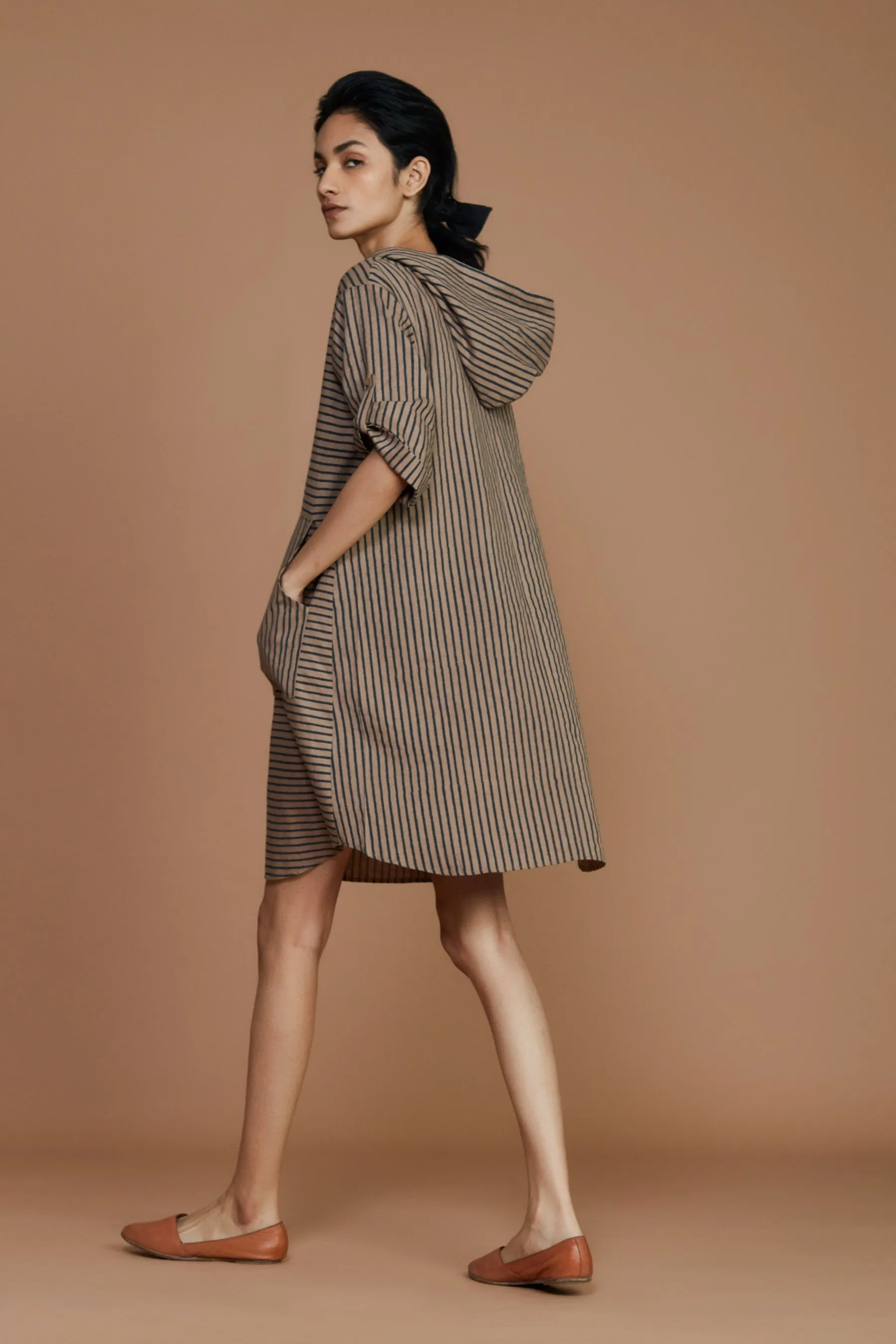 Brown With Charcoal Striped Hooded Dress