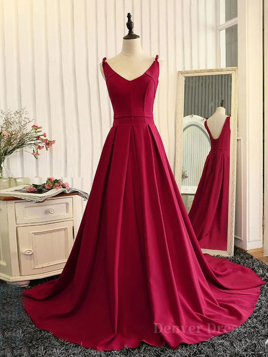 Burgundy A Line V Neck Sweep Train Open Back Satin Long Prom Dress V Neck Burgundy Formal Dress Backless Evening Dress