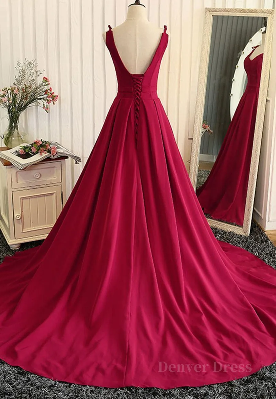 Burgundy A Line V Neck Sweep Train Open Back Satin Long Prom Dress V Neck Burgundy Formal Dress Backless Evening Dress