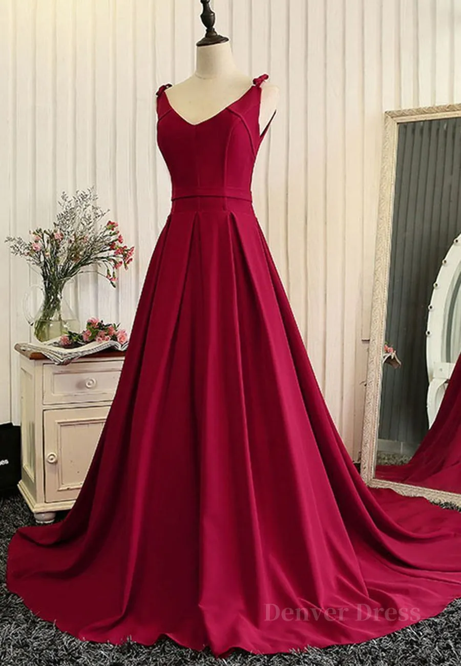 Burgundy A Line V Neck Sweep Train Open Back Satin Long Prom Dress V Neck Burgundy Formal Dress Backless Evening Dress