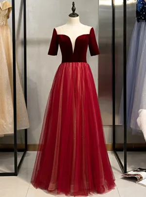 Burgundy Tulle Velvet Short Sleeve Backless Prom Dress