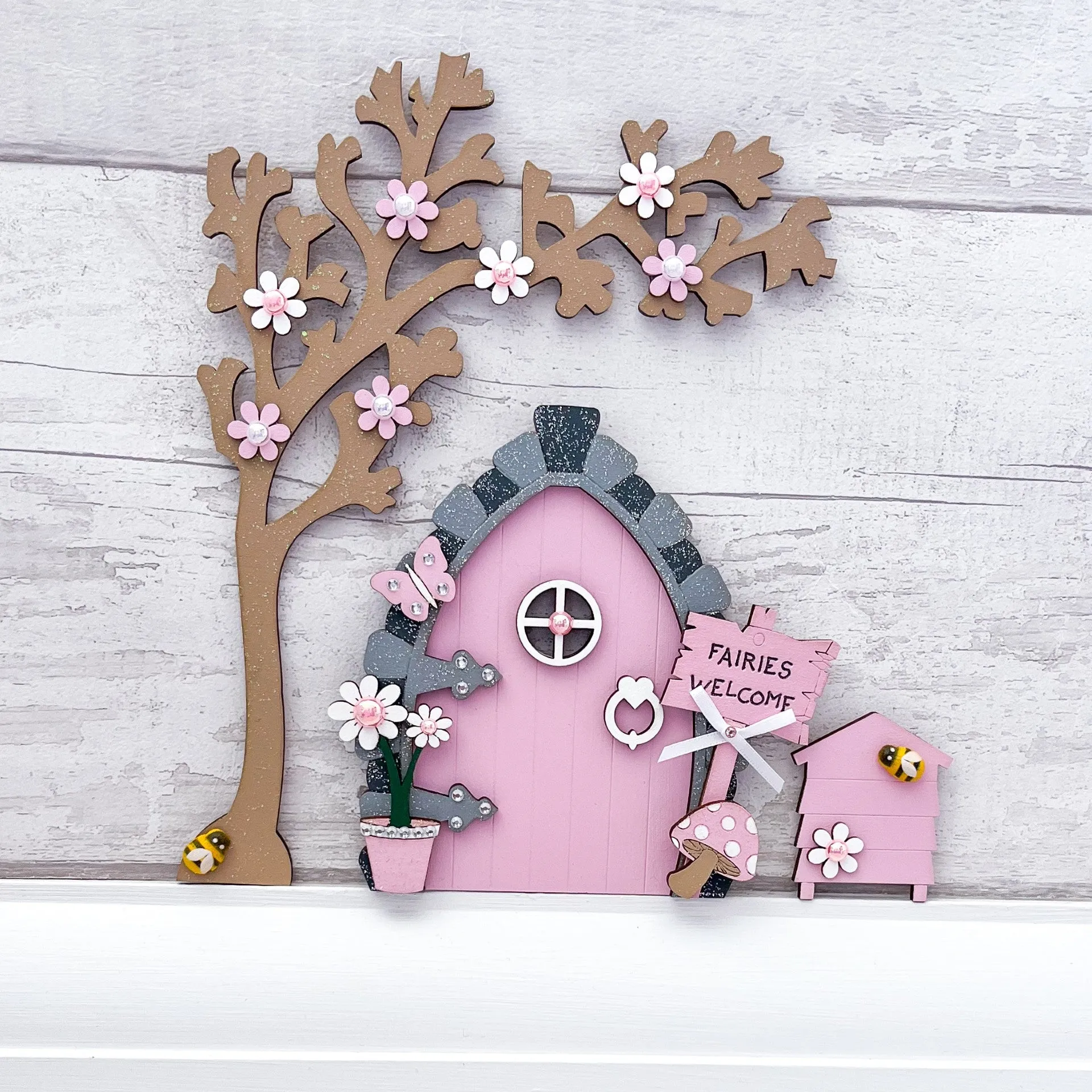 Candy Pink Fairy Door With Tree & Beehive Set