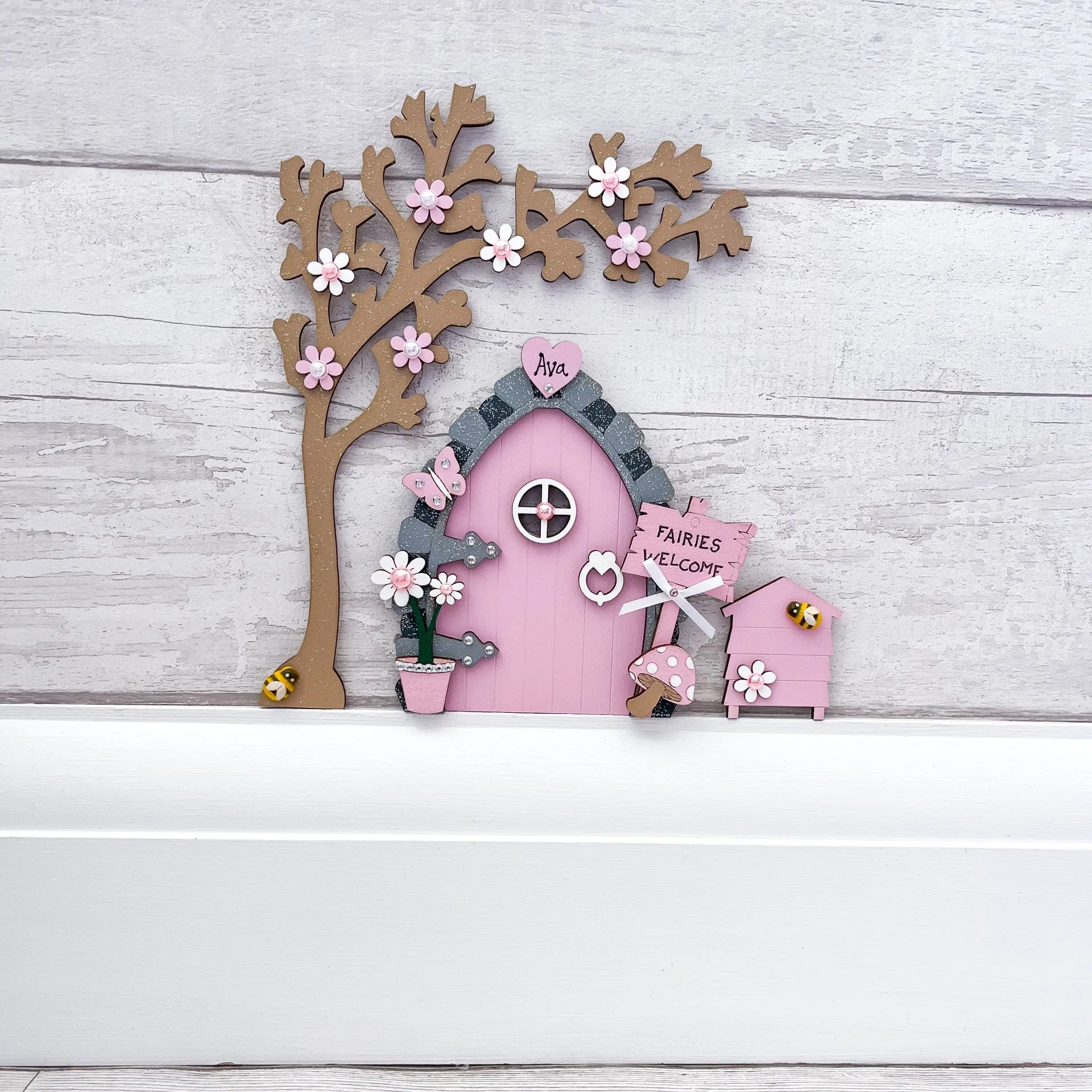 Candy Pink Fairy Door With Tree & Beehive Set