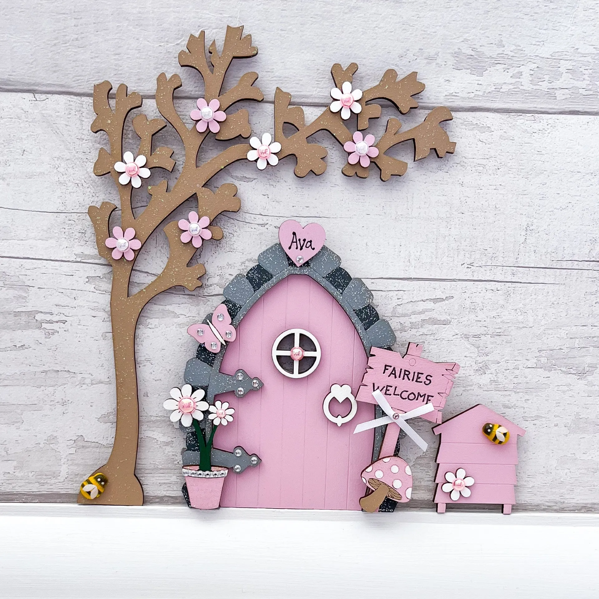 Candy Pink Fairy Door With Tree & Beehive Set