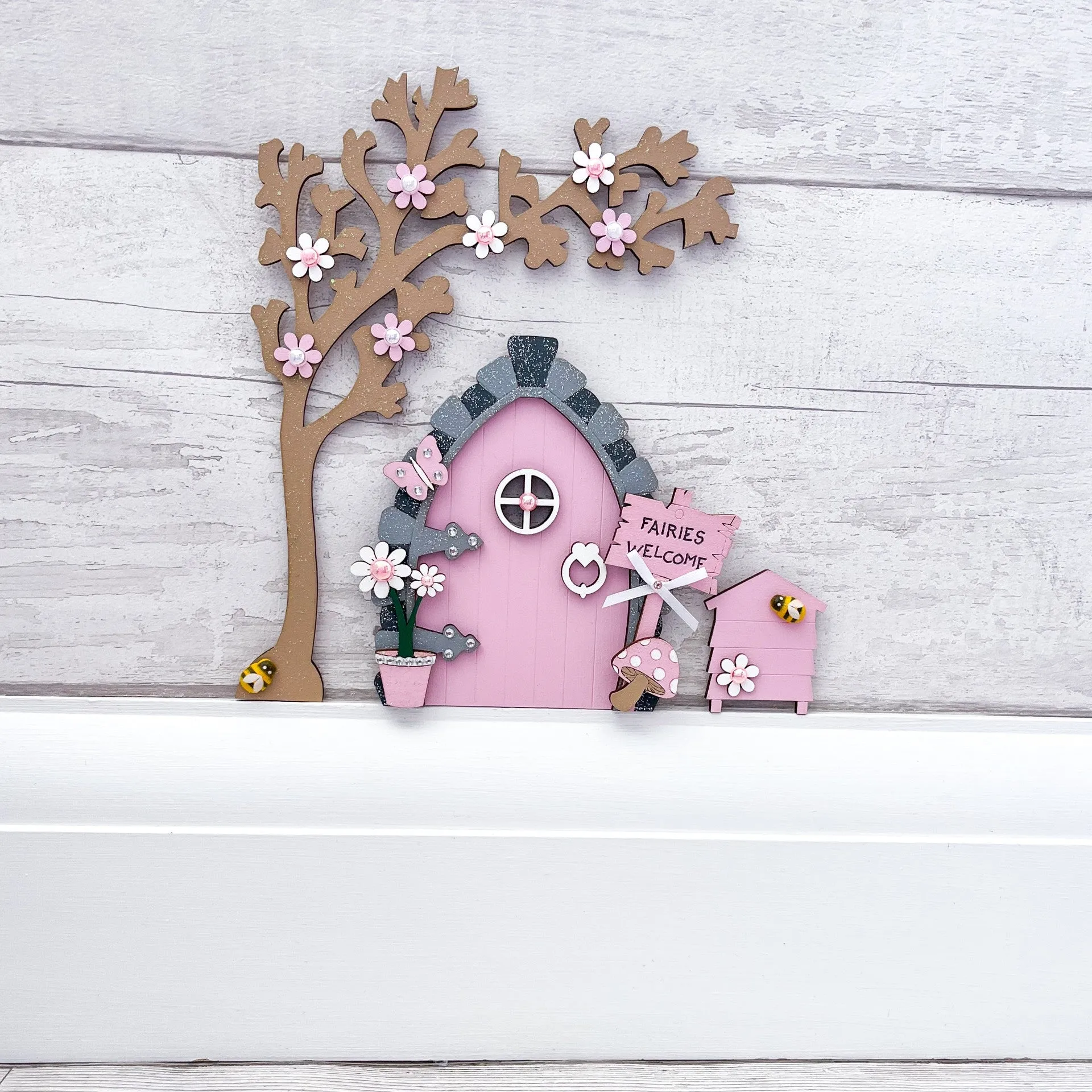 Candy Pink Fairy Door With Tree & Beehive Set