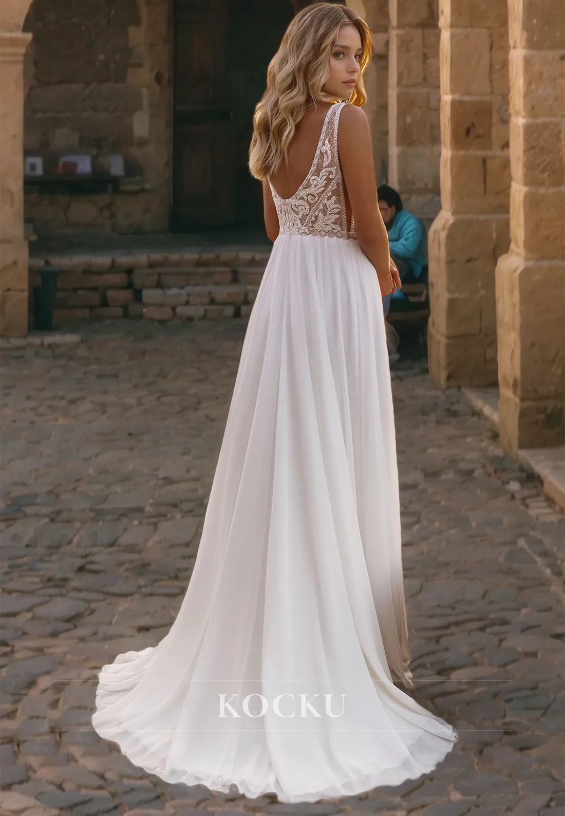 Causal & Simple A-Line V-Neck Sleeveless Satin Wedding Dress with Train